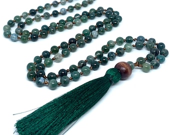 Real Moss Agate Gemstone Mala Spiritual Necklace 6mm , Hand Knotted 108 Mala Beads, 108 Mala Bead, Mala Tassel Necklace, Japa Mala, Meditati