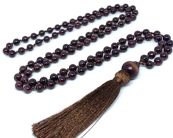 Äkta granat ädelsten Mala spirituellt halsband 6 mm, handknutna 108 Mala pärlor, 108 Mala pärlor, Mala tofshalsband, Japa Mala, meditation