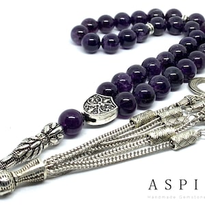 Piedra preciosa de amatista real, oración islámica 33 cuentas, Tasbih, Tesbih, Misbaha, Tasbeeh, Sibha, Tasbih 33, Tasbih personalizado 10 mm, tamaño grande