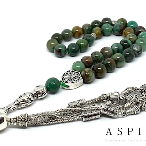Piedra preciosa de jade real, oración islámica, 33 cuentas, tasbih, tesbih, misbaha, tasbeeh, sibha, rosario, tasbih 33, tasbih personalizado de 10 mm, tamaño grande