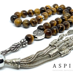 Piedra preciosa real ojo de tigre, oración islámica 33 cuentas, Tasbih, Tesbih, Misbaha, Tasbeeh, Sibha, Tasbih 33, Tasbih personalizado 10mm, tamaño grande