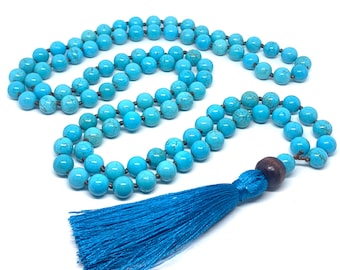 Real Turquoise Gemstone Mala Healing Necklace, Hand Knotted 108 Mala Beads, 108 Mala Beads, Mala Tassel Necklace, Japa Mala, Meditation Mala