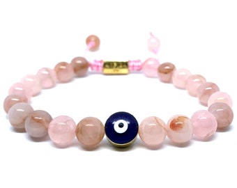 Real Rose Quartz Evil Eye Gemstone Crystal Bracelet, Bracelet For Men, Bracelet For Women, Bracelet For Couple, Customize Gıft, Adjustable