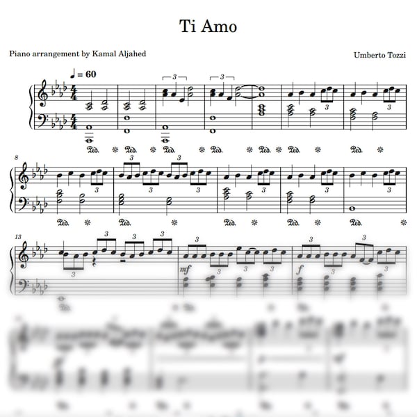 Ti Amo Umberto Tozzi piano sheet music and synthesia midi with play along files for left and right hand