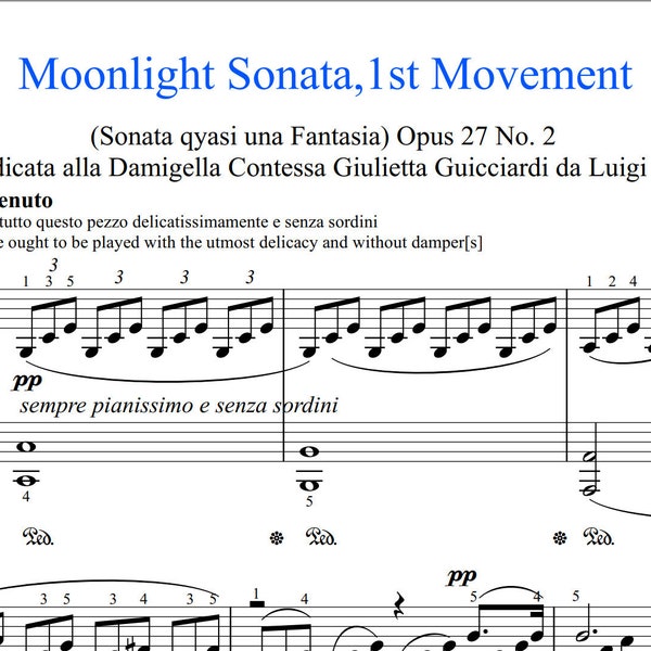 Moonlight Sonata 1st movement sheet music with fingering and synthesia midi file