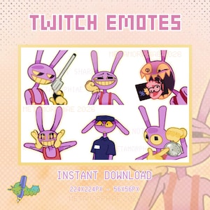 Può includere: Grafica di arte digitale con sei emote di coniglietti viola dei cartoni animati con varie espressioni e oggetti di scena, tra cui una pistola e un cronometro. Il testo in alto recita "TWITCH EMOTES" e "INSTANT DOWNLOAD" in basso.