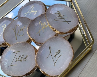 Gold Personalised Custom Bridal Initials Wedding Favours Birthday Bride Acrylic Agate Slice Bridesmaid Gift Coaster Crystal New Home Rose