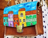 Leather Bag Adjustable Strap Shoulder Crossbody Purse, Cross Body Women bag Hand Painted old tbilisi Houses