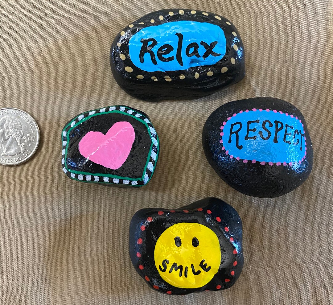 Kindness Stones Hand Painted Rocks - Set of 4 - Relax, Respect, Smile ...