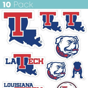 May include: A pack of 10 Louisiana Tech University stickers featuring various logos and designs. The stickers include the school's mascot, a bulldog, the school's name, and the state of Louisiana. The stickers are perfect for showing your school spirit.