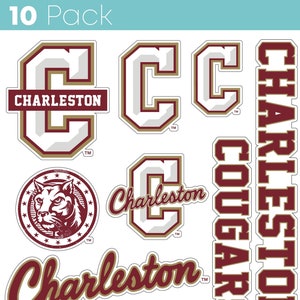 May include: A 10-pack of stickers featuring the Charleston Cougars logo. The stickers include the school's mascot, a cougar, and the words "Charleston Cougars" and "The College".