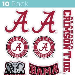 May include: A pack of 10 University of Alabama decals featuring various logos and designs. The decals include the Alabama 'A' logo, the Crimson Tide logo, the elephant mascot, the word 'BAMA', and a football helmet with the number 18.