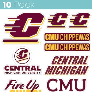 May include: A pack of 10 Central Michigan University stickers featuring the school's logo, mascot, and slogans. The stickers are in maroon, gold, and white.