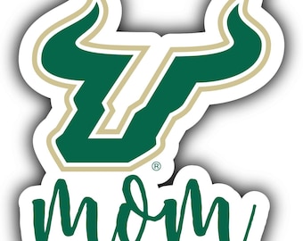 May include: Green and gold University of South Florida bull mascot with the word "mom" written in green script below.