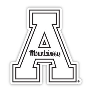 May include: A white sticker featuring a bold black outline of a block letter A. The word Mountaineers is written in a black cursive script across the center of the letter. A small registered trademark symbol is visible in the bottom right corner.