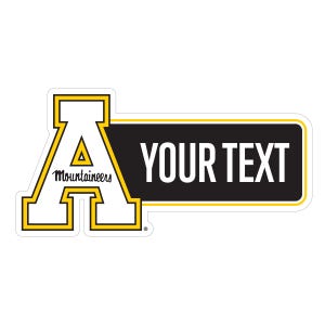 May include: A white sticker with a black and yellow border. The left side features a large white letter "A" with "Mountaineers" written below. The right side has a black rectangle with the words "YOUR TEXT" in white.