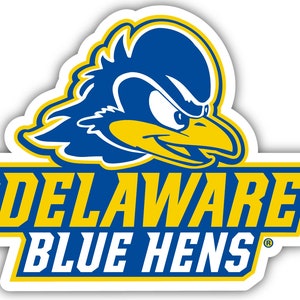 May include: A blue and yellow logo with a cartoon blue hen's head and the text "DELAWARE BLUE HENS" in yellow letters.