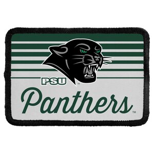 May include: A rectangular patch with a black stitched border. The design features a black panther head graphic above the text PSU and the word Panthers in a dark green script font, set against a background of horizontal green and white stripes.