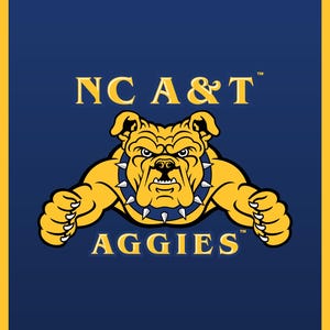 May include: A navy blue background with a yellow border and a yellow bulldog mascot. The text "NC A&T" and "AGGIES" are displayed above and below the mascot, with "EST. 1891" at the bottom. The image is a logo.