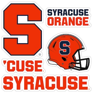 May include: A collection of Syracuse Orange stickers. Includes a large orange letter "S", the words "SYRACUSE ORANGE", a football helmet with an "S", the word "'CUSE", and the word "SYRACUSE".