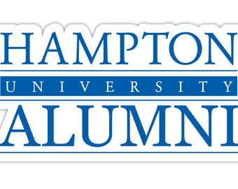 May include: Blue and white sticker with the text "Hampton University Alumni" in a serif font.