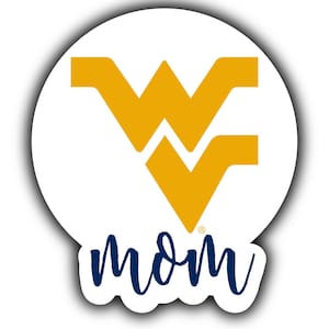 May include: A white circle with a gold West Virginia University logo and the word "mom" in blue script.