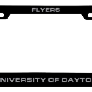 May include: Black metal license plate frame with silver lettering. The frame says "FLYERS" at the top and "UNIVERSITY OF DAYTON" at the bottom. The frame has two holes on the top and two holes on the bottom for attaching to a license plate.