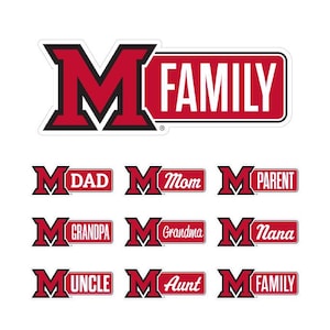 May include: A collection of red and white family-themed stickers. The stickers feature the letter "M" with the word "FAMILY" and other family member titles like "DAD", "Mom", "Grandpa", "Grandma", "Uncle", "Aunt", "Parent", and "Nana".