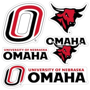May include: A collection of stickers featuring the University of Nebraska Omaha logo and mascot. The stickers include the letter "O" in red and black, the word "OMAHA", and a red bull mascot head. The stickers are white with black and red accents.