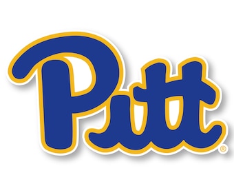 Puede incluir: Un logotipo estilizado azul y dorado con la palabra "Pitt" en una fuente cursiva en negrita.