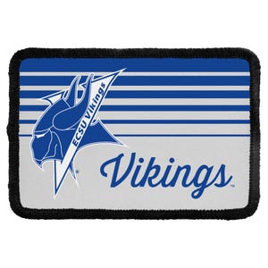 May include: A rectangular patch with a black stitched border. The design features horizontal blue and white stripes, a blue Viking head logo with the text ECSU Vikings, and the word Vikings in a blue script font on a light gray background.