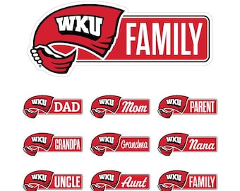 May include: A collection of red and white stickers featuring the text "WKU FAMILY" and individual stickers with family member titles such as "Dad," "Mom," "Grandpa," and "Aunt." The stickers have a banner design.