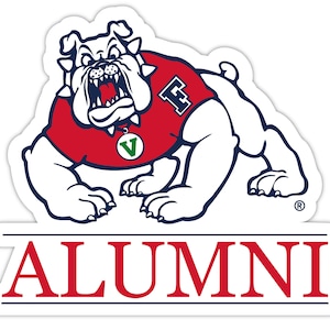 May include: A red, white, and blue bulldog mascot with the word "ALUMNI" below. The bulldog is wearing a red jersey with a white "V" and a blue "F" on it.