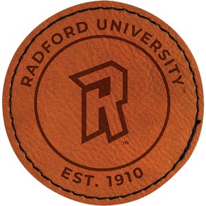 May include: A round, brown leather patch with the words "RADFORD UNIVERSITY" in a circular pattern. The center features a stylized "R" logo. The text "EST. 1910" is at the bottom. The edge is stitched with black thread.
