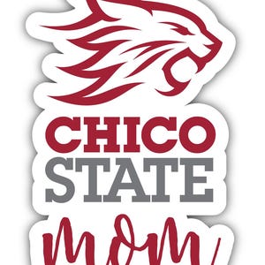 May include: A red and gray sticker with a stylized image of a wildcat and the text "CHICO STATE mom".