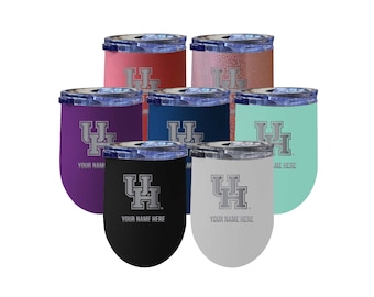 May include: Set of seven 12oz stainless steel tumblers with a variety of colors and a silver University of Houston logo. The tumblers have a personalized option with the text "Your Name Here".