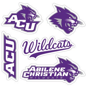 May include: A collection of purple and white stickers featuring the Abilene Christian University Wildcats logo. The stickers include the ACU initials, a snarling wildcat head, and the word "Wildcats".