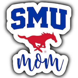May include: A white sticker with a blue "SMU" logo and a red running horse. Below the horse is the word "mom" in blue cursive.