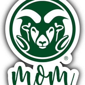May include: A white sticker with a green ram's head logo in a circle and the word "mom" written in green below the logo.