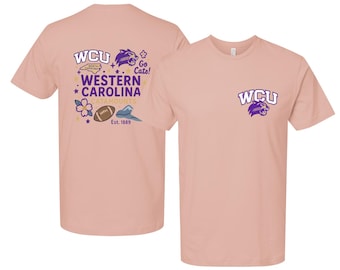 Western Carolina University Officially Licensed Unisex T-Shirt – Left Chest and Large Back, Medley Design