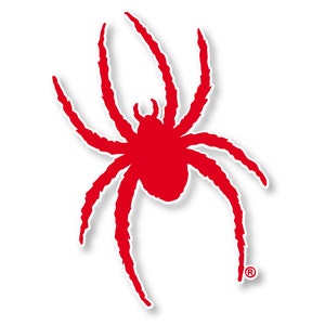 May include: A red spider silhouette with a registered trademark symbol. The spider has eight legs and a round body.