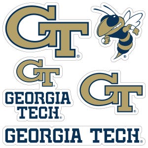 May include: A collection of Georgia Tech stickers featuring the letters "GT" in gold and navy blue, along with a cartoon yellow jacket mascot. The stickers also include the words "Georgia Tech" in navy blue.