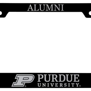May include: Black license plate frame with a silver Purdue University logo and the word "ALUMNI" at the top.