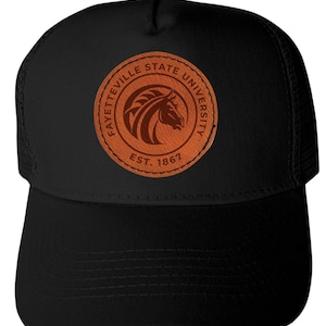 May include: Black baseball cap with a mesh back and a curved brim. The cap features a circular, brown leather patch with the words "FAYETTEVILLE STATE UNIVERSITY" and "EST. 1867" surrounding a horse head logo.