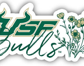 May include: A die-cut sticker featuring the words "USF Bulls" in a script font, with the "USF" logo in green and gold. The sticker also includes a floral design in green and tan.