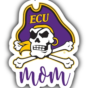 May include: Purple and gold pirate skull and crossbones sticker with the text "ECU" on a purple pirate hat and the word "mom" below the skull.