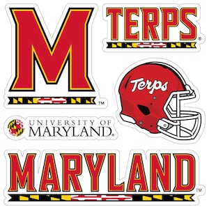May include: A collection of University of Maryland stickers. Includes a large red letter "M", the word "TERPS", a red football helmet, the University of Maryland logo, and the word "MARYLAND". All designs feature black, red, yellow, and white colors.