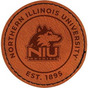 May include: A round, brown leather patch with the words "NORTHERN ILLINOIS UNIVERSITY" encircling a logo of a husky dog and the letters "NIU HUSKIES". The text "EST. 1895" is at the bottom. The patch is stitched with black thread.