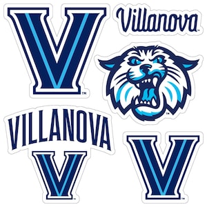 May include: A collection of die-cut stickers featuring Villanova University logos and graphics. Includes the letter "V", the word "Villanova", and a Wildcat mascot head in navy blue and light blue. The stickers have a white border.