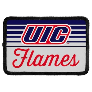 May include: A rectangular embroidered patch with a black border. The top section features horizontal navy blue and white stripes with the text UIC in bold navy blue letters outlined in red. The bottom section is white with the word Flames in red.